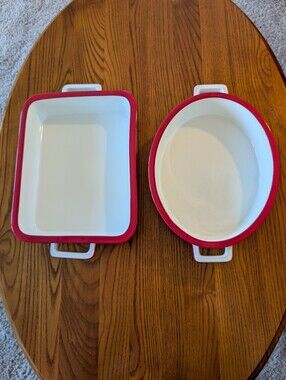 American Atelier Chelsea White Porcelain Baking Dishes with Red Rim - Set of 2